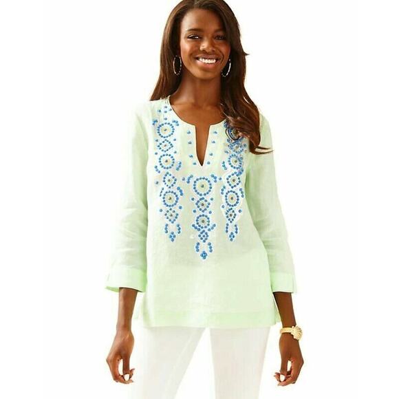 LILLY PULITZER Size XXS/00 AMELIA ISLAND TUNIC MOJITO GREEN BEADED LINEN - Picture 1 of 5